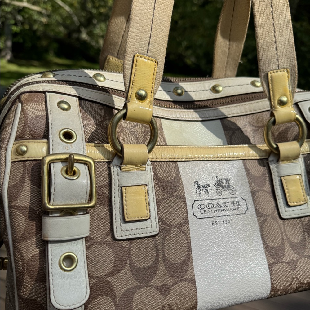 Coach Tan and Cream Signature Satchel - Picture 2 of 12